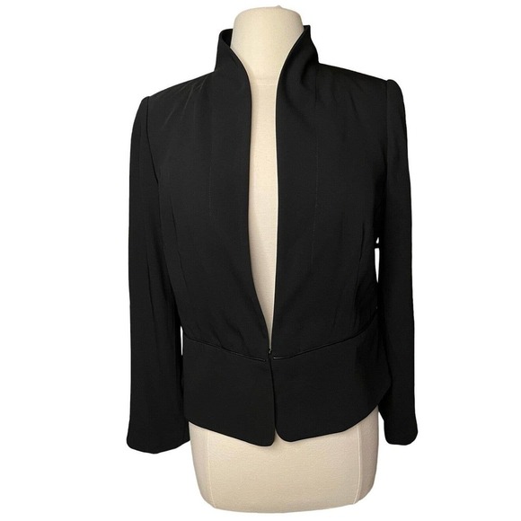 Eileen Fisher NWT Petite Tropical Blazer w Leather Trim Black Stand Collar PM - Picture 2 of 12